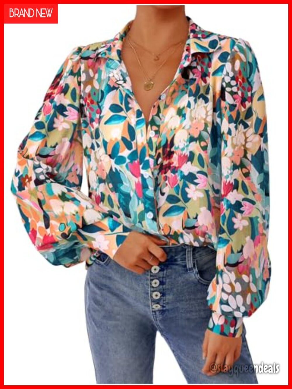 Womens Floral Chiffon Button Down Blouse V-Neck Long Sleeve Dressy Casual